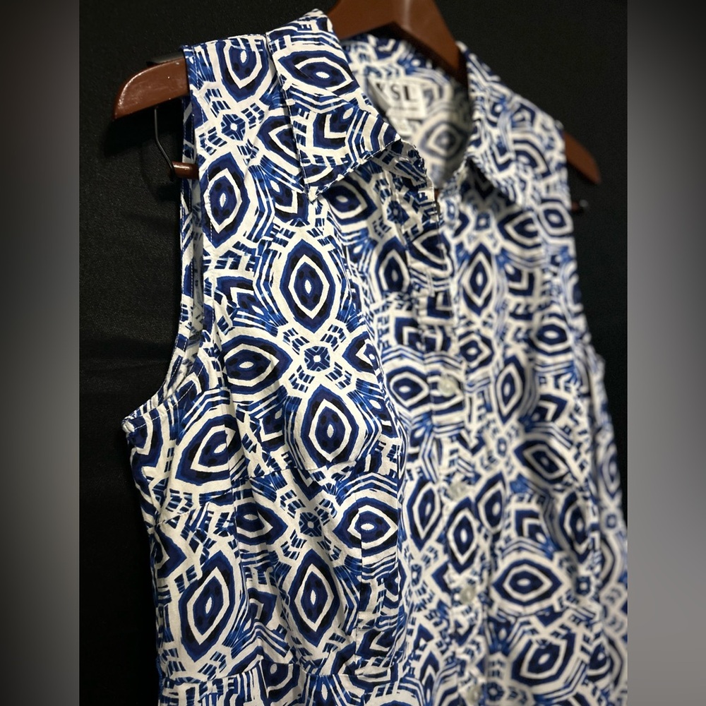 Vintage KSL Karin Stevens Sleeveless Button Down Geometric Blue Dress Size 16 - Picture 3 of 13